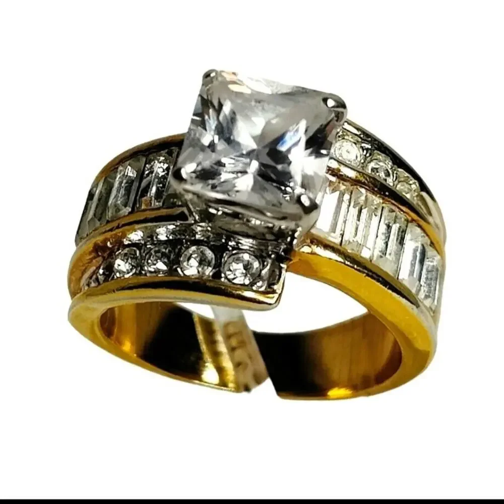 Gold Plated Ring Size 8 Baguette Princess Cut Cubic Zirconia Stones Vtg Jewelry